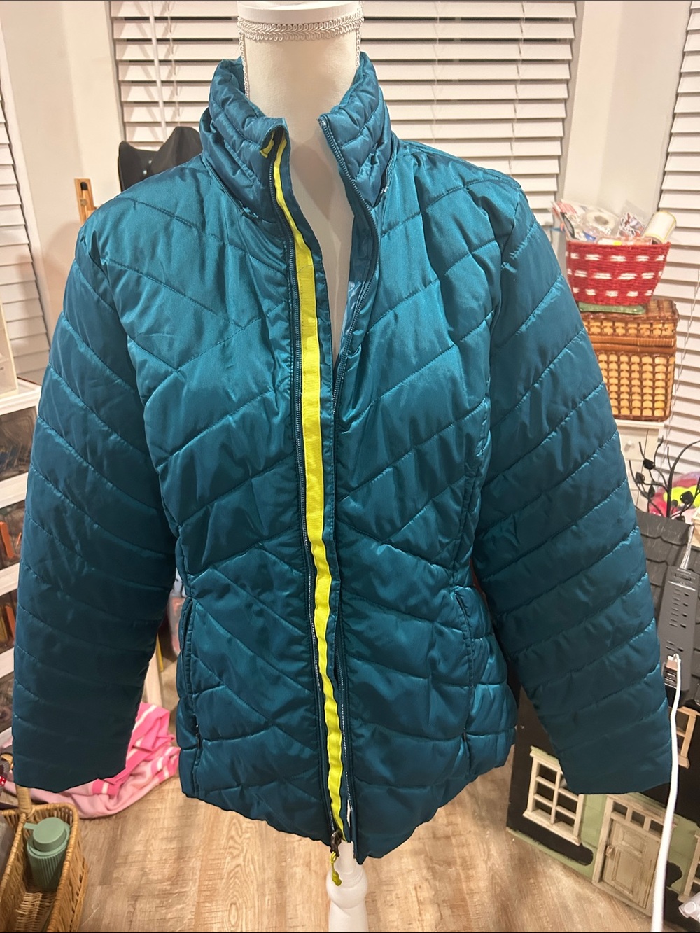 Teal Quilted Puffer Jacket with Yellow Trim
